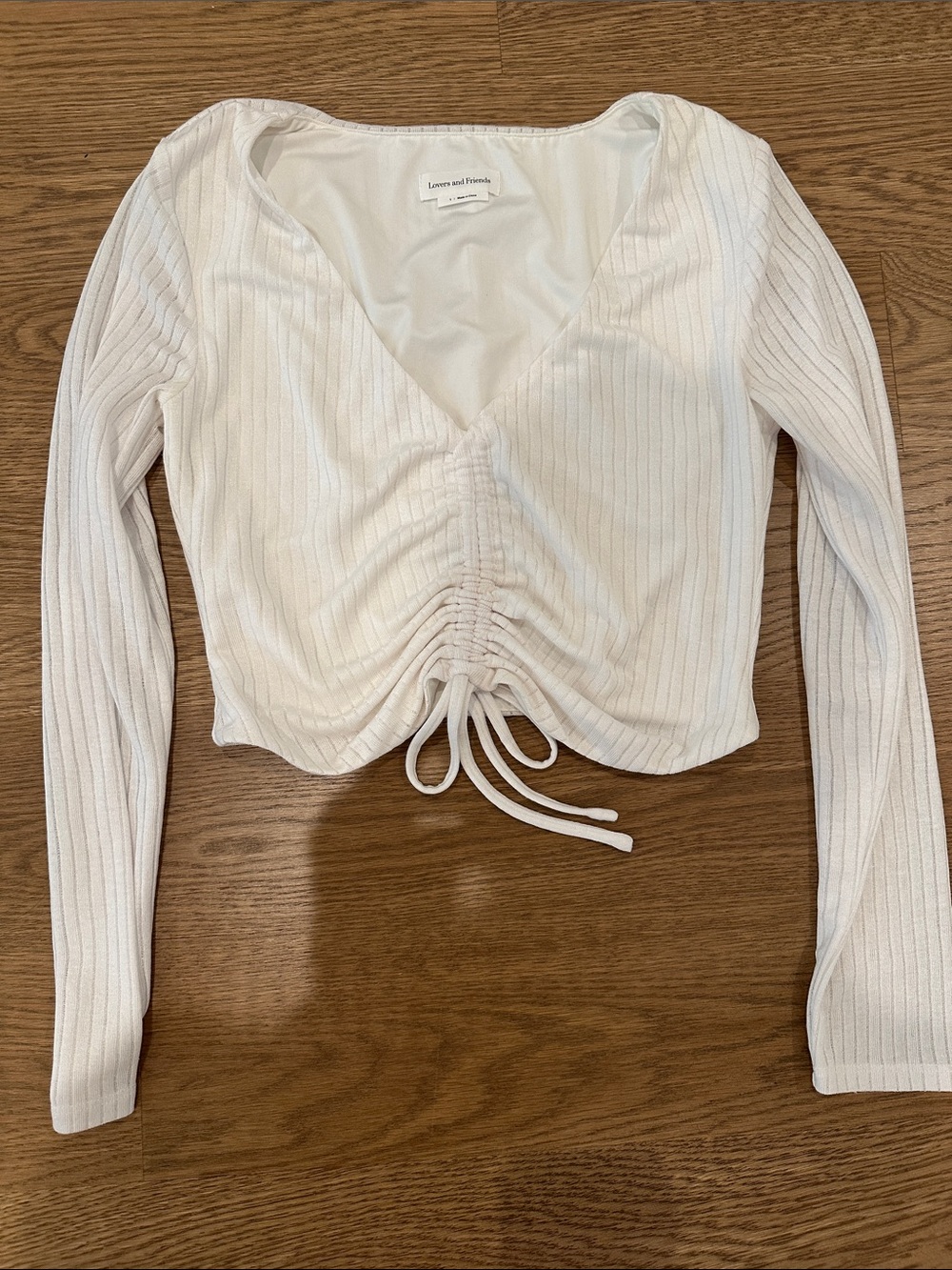 Lovers + Friends White Ribbed Cinch-Front Long Sleeve Top